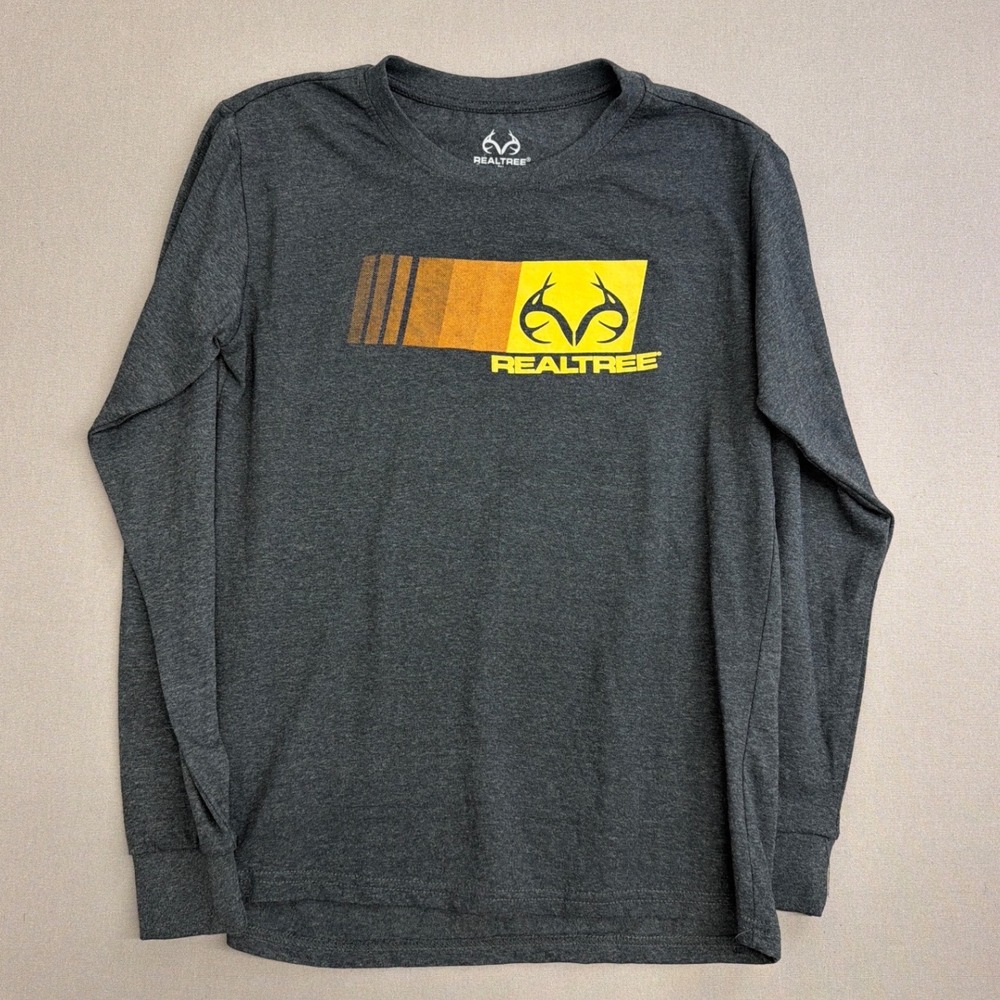 Realtree Mens Long Sleeve Graphic T-Shirt Charcoal Grey Yellow Logo Size M